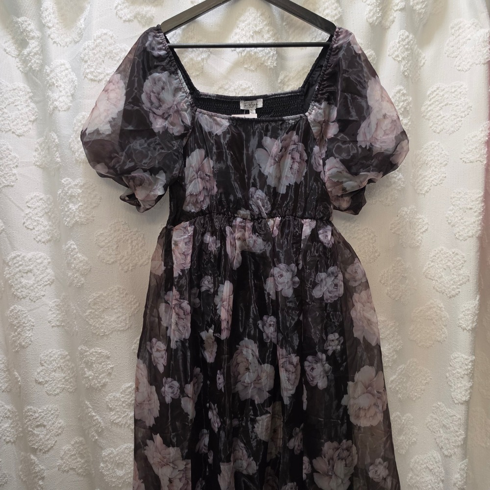 Polagram Women Black Pink Floral Organza Puff Sleeve Smocked Midi Dress Large